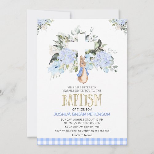 Baby Blue Floral Plaid Peter Rabbit Baptism Invitation - Baby Blue Floral Plaid Peter Rabbit Baptism Invitation

Sweet bunny themed christening invitation for a little boy featuring a cute Peter Rabbit illustration, various baby blue floral arrangements, blue plaid pattern, and faux gold glitter dots and heading. This design is ideal for someone looking for a little boy's Peter Rabbit themed christening invitation.