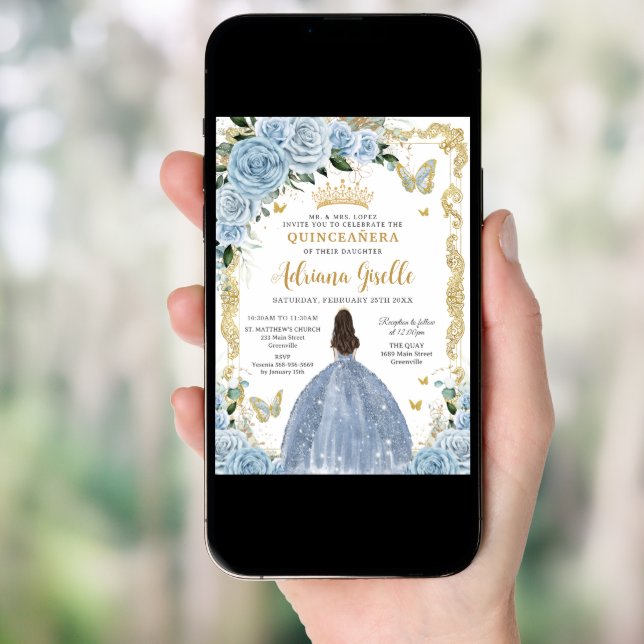 Baby Blue Floral Princess Dress Gold Quinceanera Invitation (Front Digital)