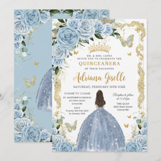 Baby Blue Floral Princess Dress Gold Quinceanera Invitation