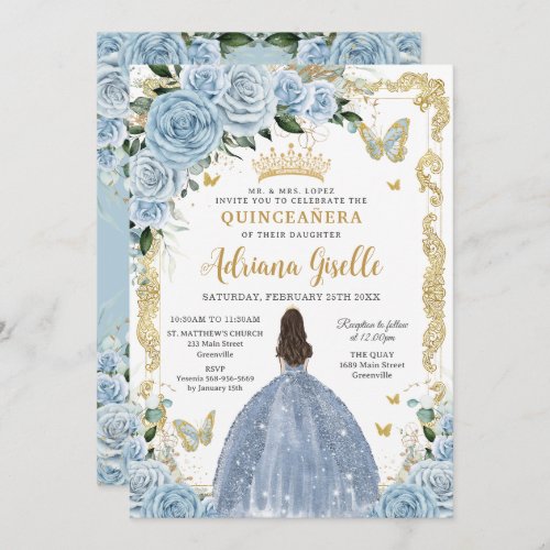 Baby Blue Floral Princess Dress Gold Quinceanera Invitation