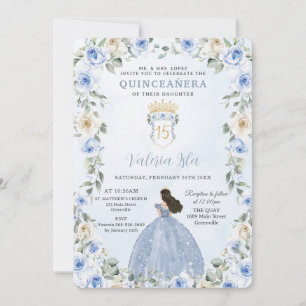 Baby Blue Floral Princess Dress Gold Quinceañera Invitation