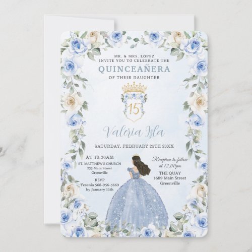 Baby Blue Floral Princess Dress Gold Quinceaera Invitation