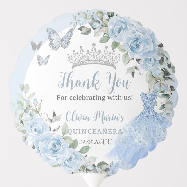 Baby Blue Floral Princess Dress Silver Quinceañera Balloon (Front)