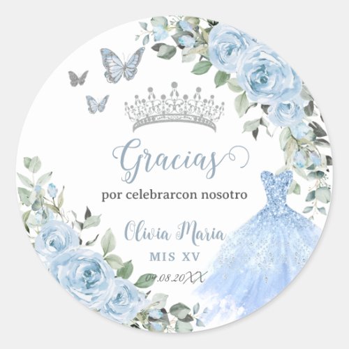 Baby Blue Floral Princess Dress Silver Quinceaera Classic Round Sticker