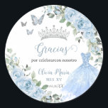 Baby Blue Floral Princess Dress Silver Quinceañera Classic Round Sticker<br><div class="desc">Personalize these soft baby blue floral Quinceañera / Sweet 16 / Cincoañera birthday sticker labels easily and quickly. Simply click the customize it further button to edit the texts, change fonts and fonts colors. Featuring pretty pastel baby blue flowers, delicate greenery and a glittery baby blue gown. Matching items available...</div>
