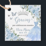 Baby Blue Floral Princess Dress Silver Quinceañera Favor Tags<br><div class="desc">Personalize these soft baby blue floral Quinceañera / Sweet 16 / Cincoañera birthday swing tags easily and quickly. Simply click the customize it further button to edit the texts, change fonts and fonts colors. Featuring pretty pastel baby blue flowers, delicate greenery and a glittery baby blue gown. Matching items available...</div>