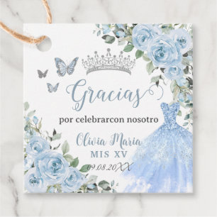 Baby Blue Floral Princess Dress Silver Quinceañera Favor Tags