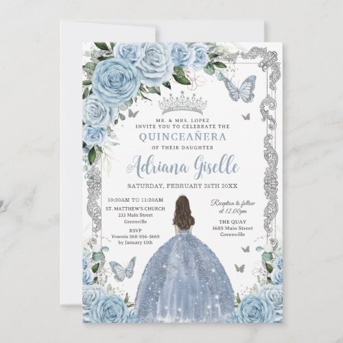 Baby Blue Floral Princess Dress Silver Quinceanera Invitation