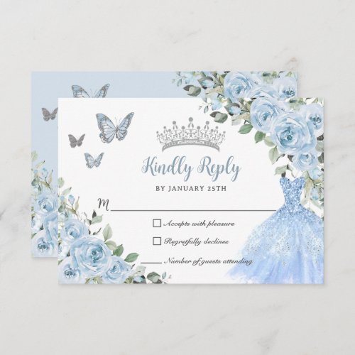 Baby Blue Floral Princess Dress Silver Quinceaera RSVP Card