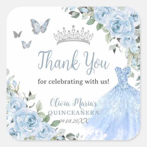 Baby Blue Floral Princess Dress Silver Quinceaera Square Sticker