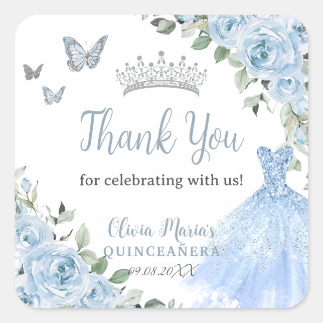 Baby Blue Floral Princess Dress Silver Quinceañera Square Sticker (Front)