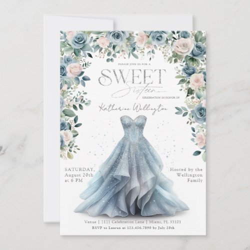 Baby Blue Floral Princess Dress Sweet 16 Sixteen Invitation