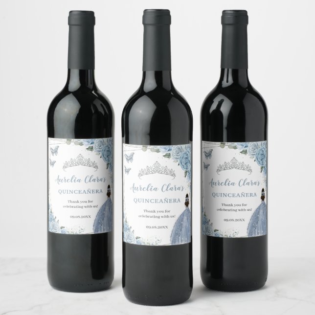 Baby Blue Floral Princess Quinceañera Birthday  Wine Label (Bottles)