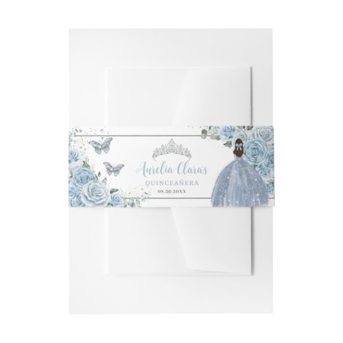 Baby Blue Floral Princess Silver Quinceanera Invitation Belly Band