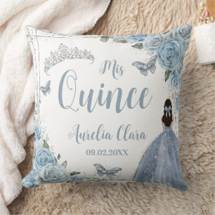Baby Blue Floral Princess Silver Quinceañera XV Throw Pillow