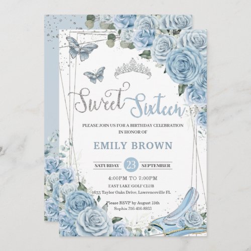 Baby Blue Floral Princess Sweet sixteen 16th Invitation