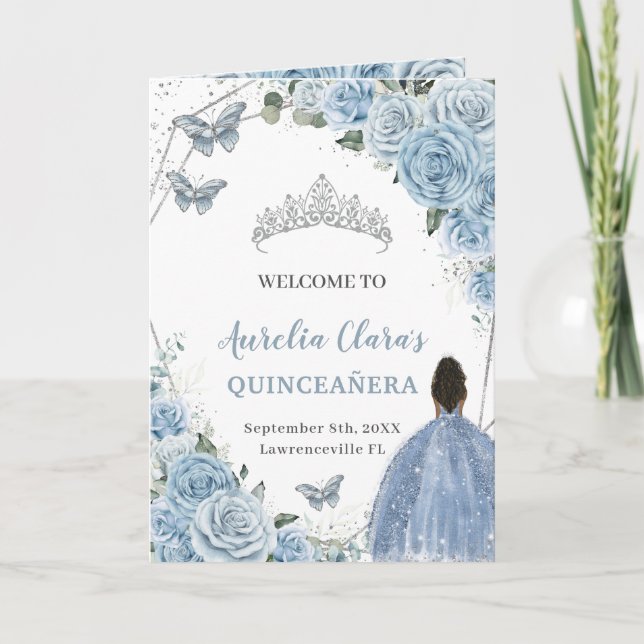 Baby Blue Floral Quinceanera Brown Princess Events Program (Front)