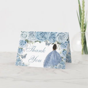 Baby Blue Floral Quinceañera Brown Princess  Letterpress Thank You Card