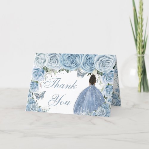 Baby Blue Floral Quinceaera Brown Princess  Thank You Card