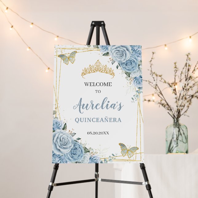 Baby Blue Floral Quinceanera Butterflies Welcome Foam Board (In Situ (Stand))