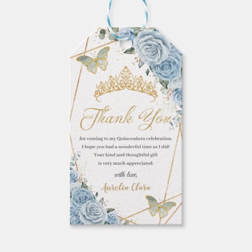 Baby Blue Floral Quinceanera Gold Butterflies Gift Tags