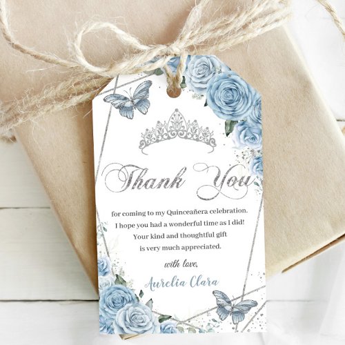 Baby Blue Floral Quinceanera Silver Butterflies Gift Tags