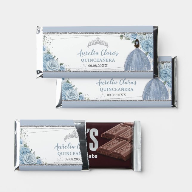 Baby Blue Floral Quinceañera Silver Princess Tiara Hershey Bar Favors (Front)