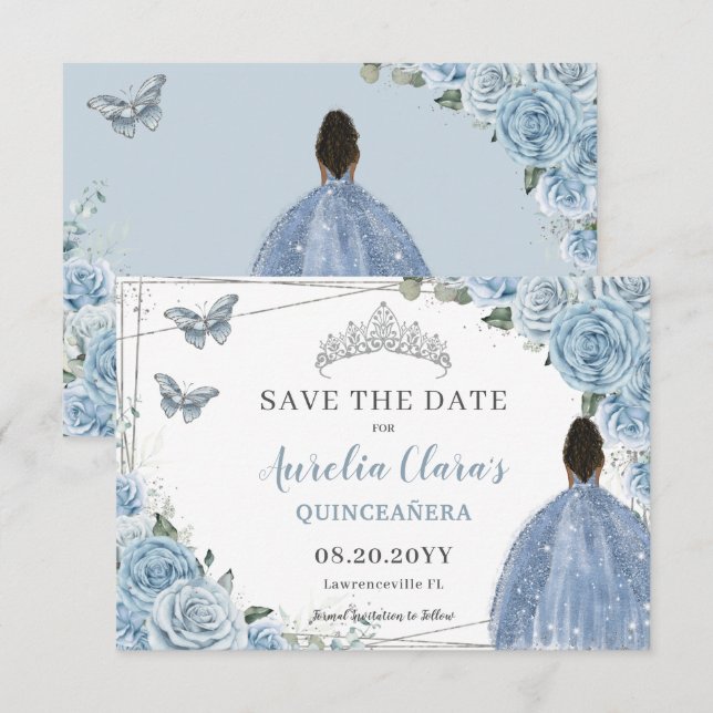 Baby Blue Floral Quinceanera Sweet 16 Brown Girl Save The Date (Front/Back)