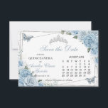 Baby Blue Floral Quinceanera Sweet 16 Calendar Save The Date<br><div class="desc">Edit this calendar style save the date card with your own details.  Change the month and dates.  Click "Edit using design tools" to access the design area and move the silver heart icon to mark your occasion's date.  Matching items available in store.  (c) The Happy Cat Studio</div>