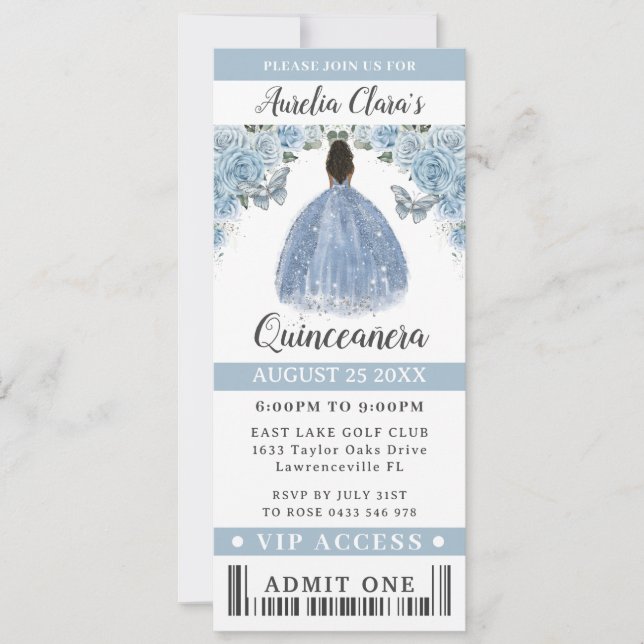 Baby Blue Floral Quinceanera Sweet 16 VIP Ticket Invitation (Front)