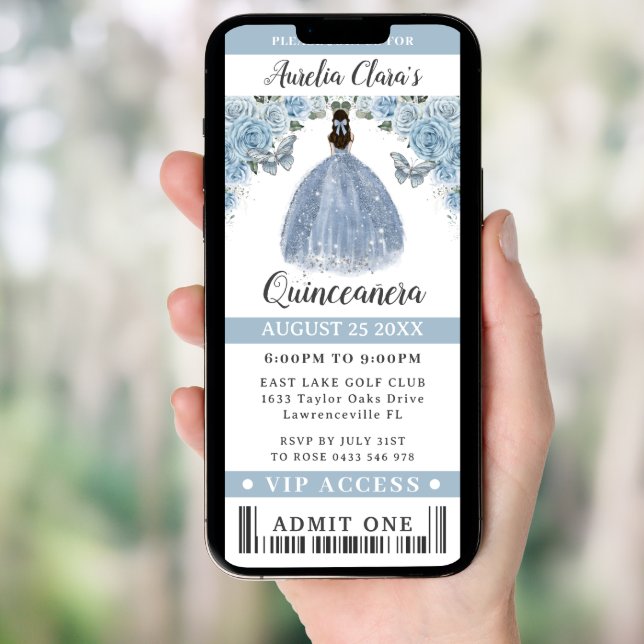 Baby Blue Floral Quinceañera Sweet 16 VIP Ticket Invitation (Front Digital)