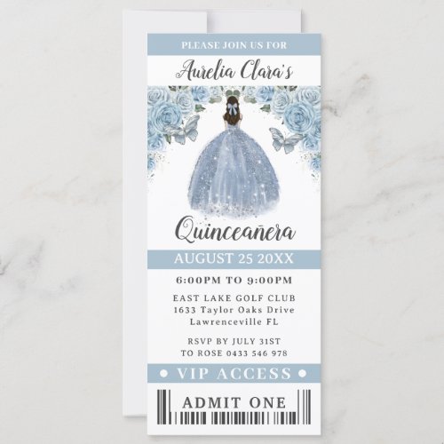 Baby Blue Floral Quinceaera Sweet 16 VIP Ticket Invitation