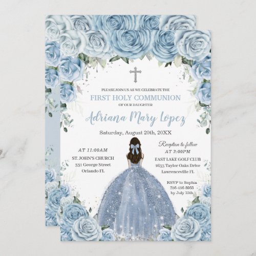 Baby Blue Floral Rose Girl Silver First Communion  Invitation