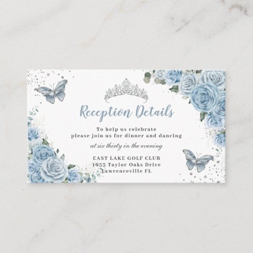 Baby Blue Floral Rose Silver Quinceaera Reception Enclosure Card