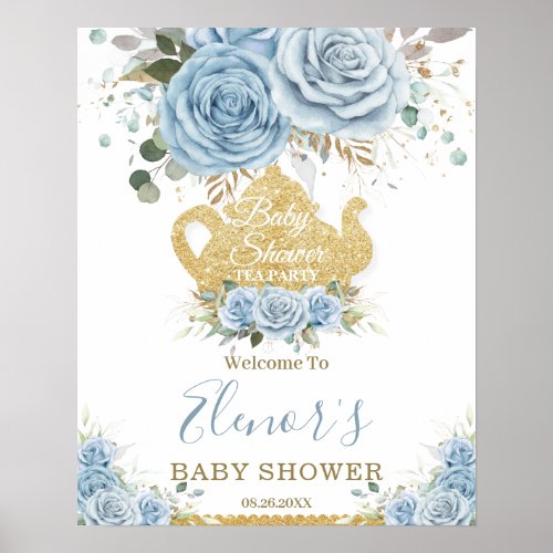 Baby Blue Floral Roses Baby Shower High Tea Party Poster