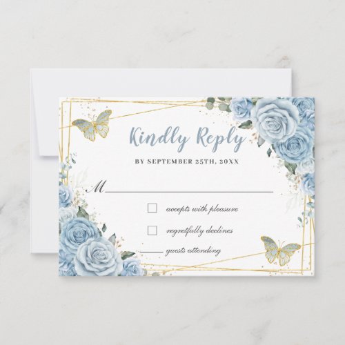 Baby Blue Floral Roses Gold Quinceaera Butterfly RSVP Card