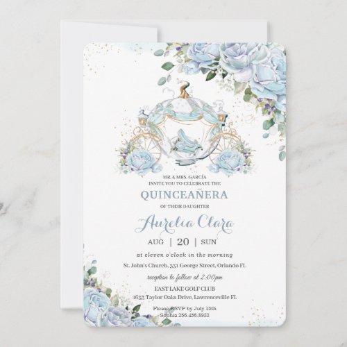 Baby Blue Floral Roses Princess Coach Quinceanera Invitation