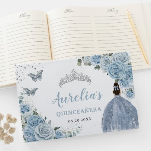 Baby Blue Floral Roses Princess Silver Quinceaera Guest Book