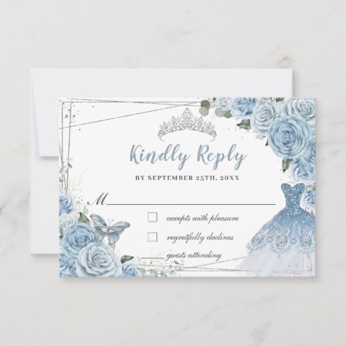 Baby Blue Floral Roses Quinceaera Butterfly Dress RSVP Card