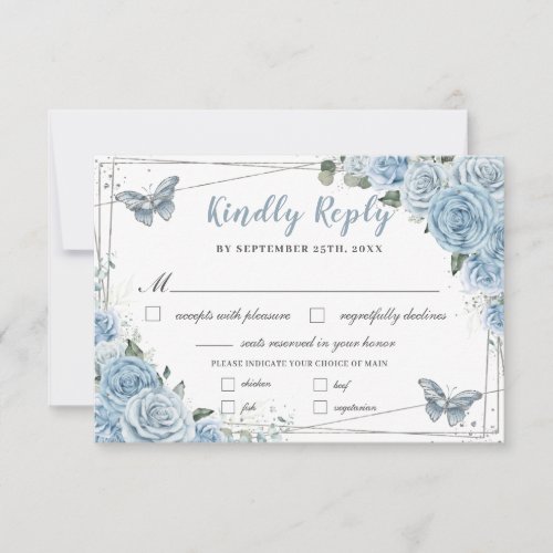 Baby Blue Floral Roses Quinceaera Butterfly Meal RSVP Card