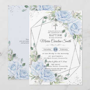 Baby Blue Floral Silver Baptism Christening Invitation
