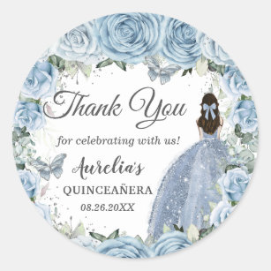 Baby Blue Floral Silver Butterflies Princess Favor Classic Round Sticker