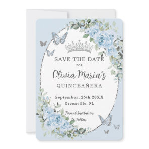 Baby Blue Floral Silver Butterflies Quinceañera Save The Date