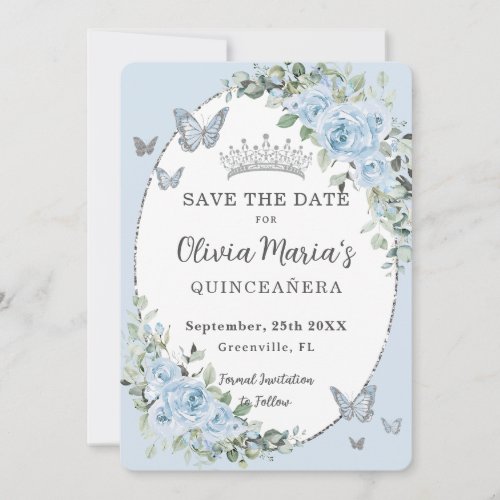 Baby Blue Floral Silver Butterflies Quinceaera Save The Date