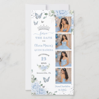 Baby Blue Floral Silver Photo Booth Quinceanera Save The Date