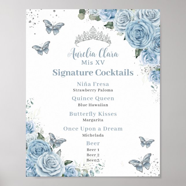 Baby Blue Floral Silver Quinceanera Bar Drink Menu Poster (Front)