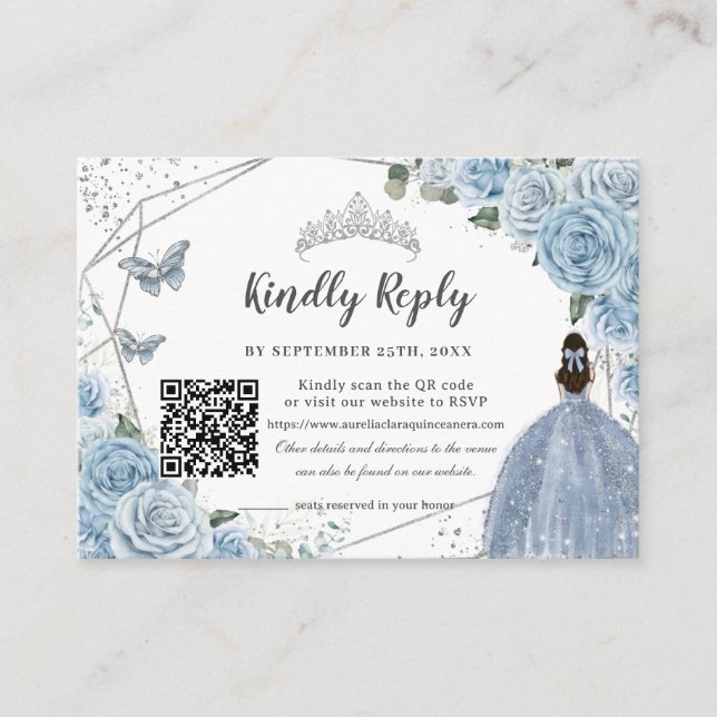 Baby Blue Floral Silver Quinceañera QR Code RSVP Enclosure Card (Front)