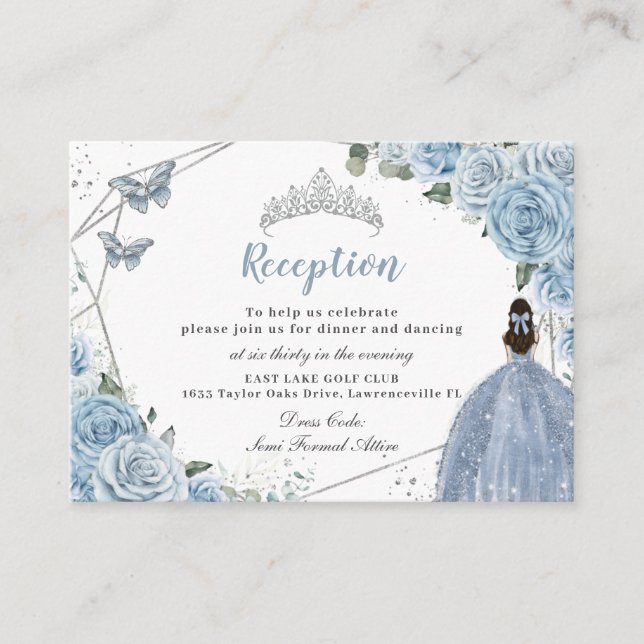 Baby Blue Floral Silver Quinceañera Reception Enclosure Card (Front)