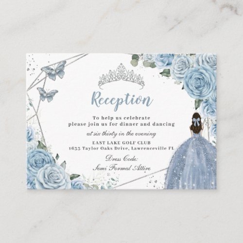Baby Blue Floral Silver Quinceaera Reception Enclosure Card
