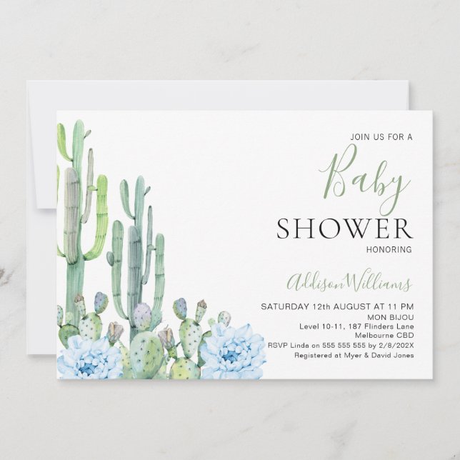 Baby Blue Floral Succulents Cactus Baby Shower Invitation (Front)
